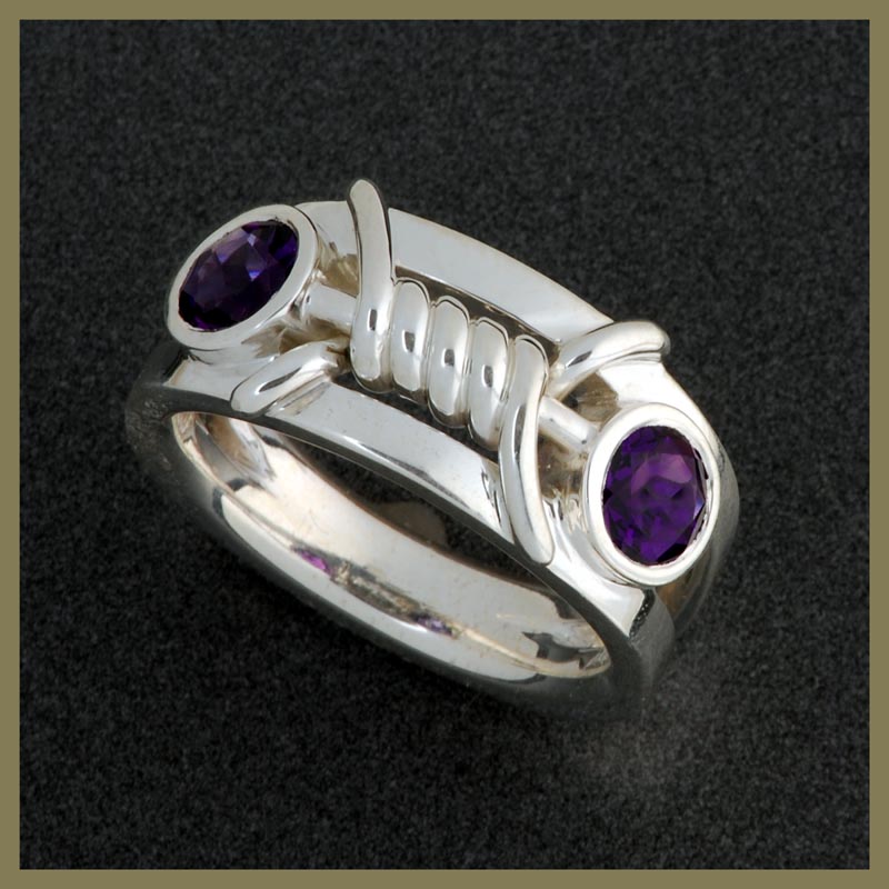 Sterling Silver Barbed Wire Design Ring with Amethyst Gems